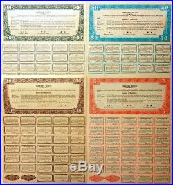 1937 China Liberty Bonds 5, 10, 50, 100 Not Canceled With All Coupons
