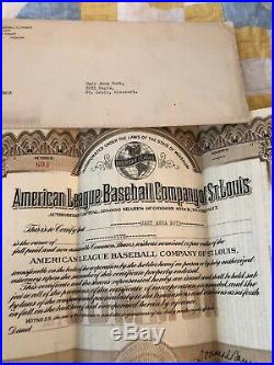 1937 Stock Certificate AMERICAN LEAGUE BASEBALL ST. LOUIS BROWNS with Letter RARE
