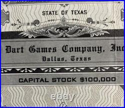 1955 Dart Games Co, Inc. Stock Certificate #222, (Dallas, TX) Victor J. Green