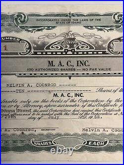 1968 M. A. C, Inc. Stock Certificate #1, (Idaho) Melvin A. Coonrod