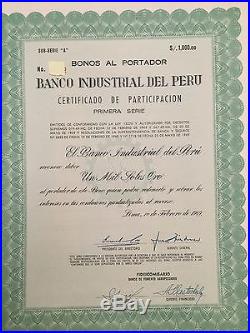 1969 Banco Industrial Del Peru $1000 Soles Oro Gold Bond