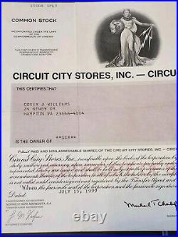 1999 Circuit City Inc Stock Certificate Pre Bankruptcy