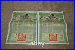 2 CHINESE GOVERNMENT Reorganization 5% GOLD LOAN 1913 Bonds Green w Coupons £20