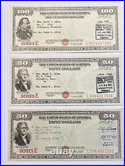 $200 Collectors Uncancelled Uncashed 1965 Series E Savings Bonds 100, 50, & 50