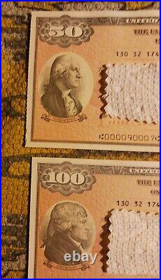 2x US SAVING BOND, JEFFERSON $100 & $50 Washington 1989-92 SERIES EE UNCANCELLED