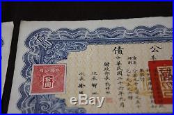 2x bonds consecutive 1937 China Liberty Bond $10 Chinese Stock Bonds Uncancelled