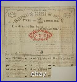 4/1/1862 $1000 Confederate War Bond Notarized and Signed by Isham G Harris
