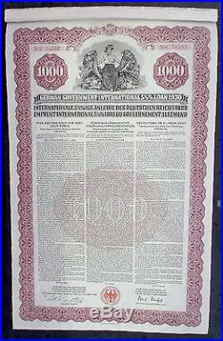 5 1/2% German Government Internat. 1000$ Gold Loan 1930 unc. Coupons in default
