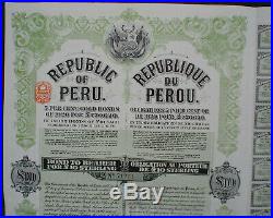 5% Republic Peru 10£ Gold Bond to Bearer 1921 unc coupons print Waterlow & Sons
