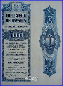 6 1/2% Germany, Free State of Bavaria 1000$ External Gold Loan 1925 uncancelled