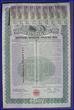 7% German Government External 1000$ Bond Gold Loan 1924 unc. Coupons, in default