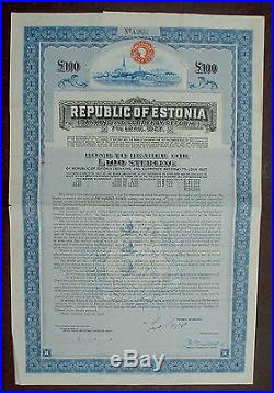 7% Republic of Estonia 100 £ Sterling Bond to Bearer 1927 uncancelled + coupons