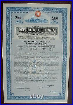 7% Republic of Estonia 100 £ Sterling Bond to Bearer 1927 uncancelled + coupons