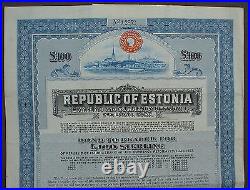 7% Republic of Estonia 100 £ Sterling Bond to Bearer 1927 uncancelled + coupons