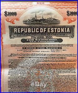 7% Republic of Estonia USD $1000 Bond to Bearer 1927 uncancelled + coupons
