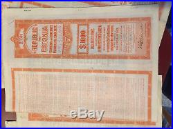 7% Republic of Estonia USD $1000 Bond to Bearer 1927 uncancelled + coupons