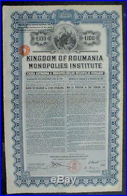 9 x Kingdom of Romania 7% 100 £ Sterling Gold 1922 + 1929 uncancelled + coupons