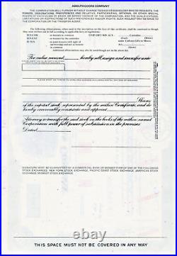 Adolph Coors Company Stock Certificate 100 Shares SPECIMEN
