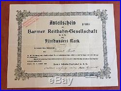 Aktie Anteilschein Barmer Reitbahn Gesellschaft NA 500 Mark 1908 Nummer 018