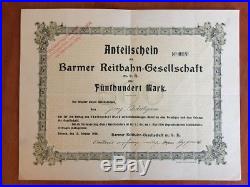 Aktien Anteilscheine Barmer Reitbahn-Ges. 500 Mark 1908 Nr. 14, 37, 91, 112, 113