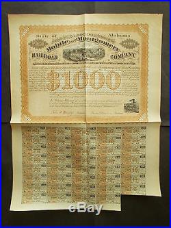 Alabama 8% $1000- Mobile & Montgomery Rail Road 1871 Not Cancelled