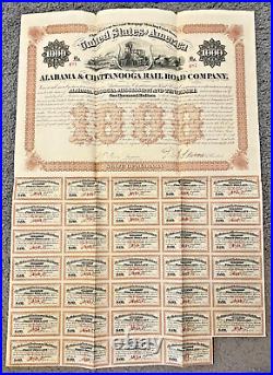 Alabama & Chattanooga Railroad Co. $1000 Bond of 1869 a Great D. Stanton Swindle