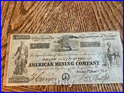 # American Mining Company Stock Certificate 1850 Vermont