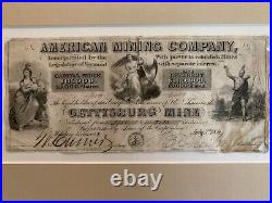 American Mining Company Stock Certificate Vermont Gettysburg Mine 1851