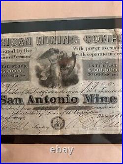 American Mining Company Stock Certificate Vermont San Antonio Mine 1853