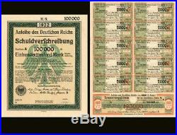 Anleihe des Deutfchen Reichs 1922 Berlin German Bonds 10x 100,000 Mark + coupons
