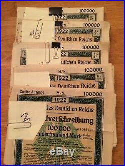 Anleihe des Deutfchen Reichs 1922 Berlin German Bonds 10x 100,000 Mark + coupons