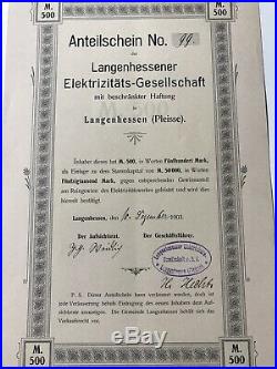 Anteilschein Langenhessen Elektrizitäts Gesellschaft 500 M v. 1903 No. 99 Pleisse