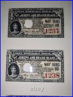 Antique 1888-90 T Joseph And Grand Island Railroad Bond 30 Dollars In Gold Coins