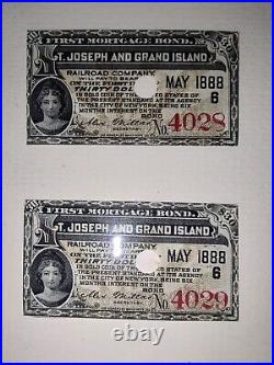 Antique 1888-90 T Joseph And Grand Island Railroad Bond 30 Dollars In Gold Coins