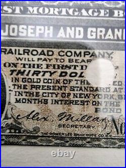 Antique 1888-90 T Joseph And Grand Island Railroad Bond 30 Dollars In Gold Coins