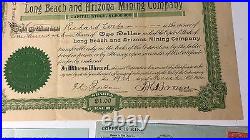 Antique 1906 Long Beach and Arizona Mining Company Stock Certificate 100 Shares
