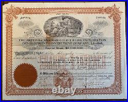 Antique Gold Stock Certificate The British Canadian Gold Fields 1896