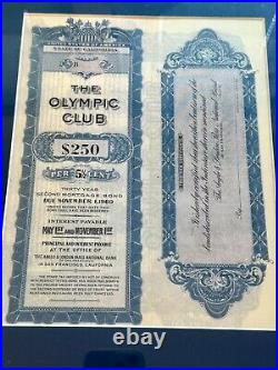 Antique Olympic Club San Francisco Stock Bond 1930 $250 Original Framed