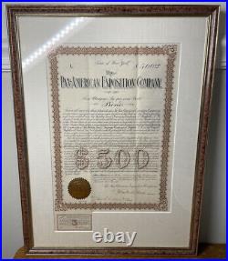 Antique Pan American Exposition Company $500 Dollar Gold Mortgage Bond Framed