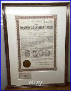 Antique Pan American Exposition Company $500 Dollar Gold Mortgage Bond Framed