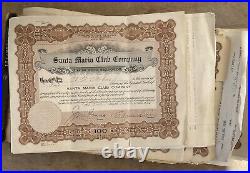 Antique Santa Maria Club Co. Stock Certificate Lot of 80 Historical Certificates