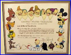 Antique WW2 1944 War Bond with Disney Characters Signed & Framed