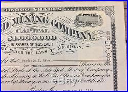 Ash Bed Mining Company Stock Certificate 1928 100 Shares Michigan Copper
