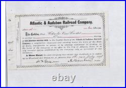 Atlantic & Audubon Railroad Company. 1878 Common Stock Certificate #4