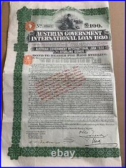 Austrian Government Internat Loan Bond 100 pounds uncanc + Coupon Sheets 1930