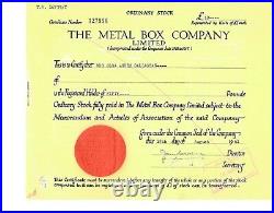 Authentic Vintage 1961 Stock Certificate for The Metal Box Company Limited, UK