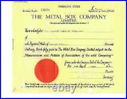 Authentic Vintage 1962 Stock Certificate for The Metal Box Company Limited, UK