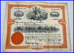 BIG INDIAN Gold MINING Company Stock Certificate Goldfield Nevada 1914 Original