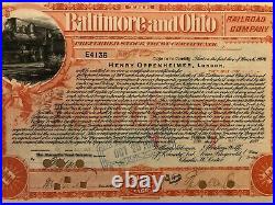 Baltimore And Ohio Railroad Co. 1899 Stock Certificate Signed Henry Oppenheimer