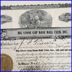 Big Stone Gap Baseball Stock Certificate Virginia Minor League 1907 Executed